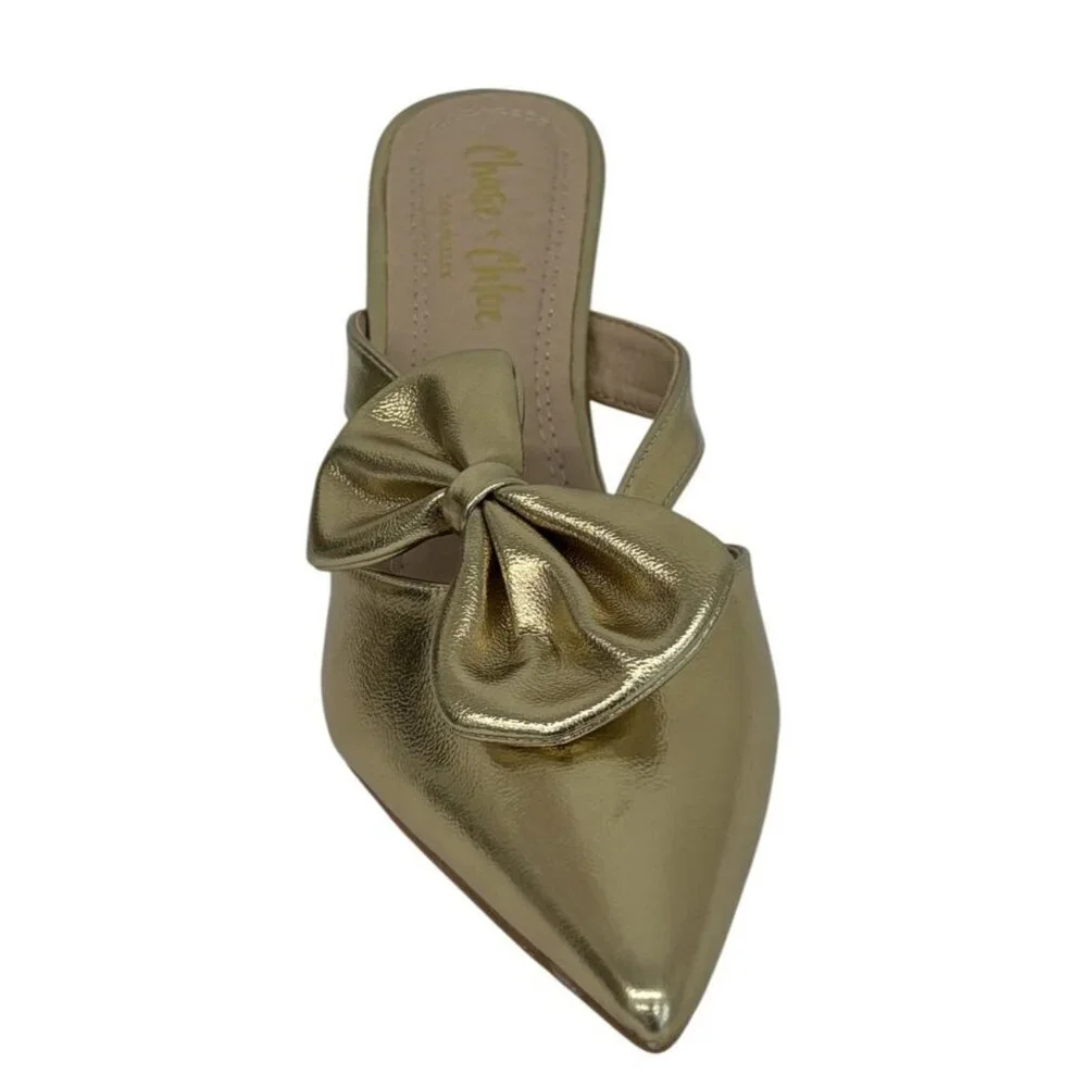 CHASE + CHLOE / Idra-3 / Gold / Pointed-Toe / Kitten Heel / Mules With Bow Accen